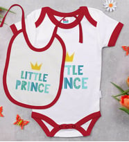 BK Kids Little Prince Tasarımlı Kırmızı Bebek Body Zıbın ve Mama Önlüğü Hediye Seti-1