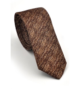 Bej Kırcıl Desenli Kahverengi Dokuma Kumaş Mendilli Slim Fit Kravat // SDK230920 (Renksiz)