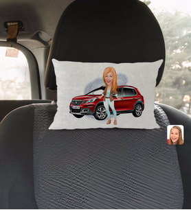BK Gift Kişiye Özel Plakalı Kadın Peugeot 2008 Karikatürlü Dikdörtgen Araç Koltuk Yastığı-2