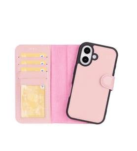 Apple iPhone 16 uyumlu, Hakiki Deri, El Yapımı, Cüzdanlı Kılıf, Toz Pembe