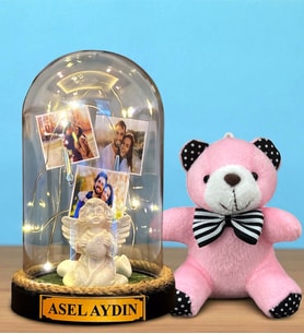 Size Özel Tasarlanacak Led Işıklı Fanus ve Pembe Peluş Anahtarlık Hediye Seti (Model 2)