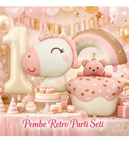 Pembe Retro Unicorn 1 Yaş Doğum Günü Balon Seti – Helyum Uyumlu
