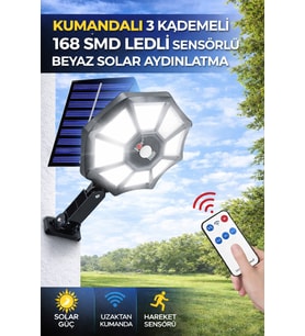 168 SMD Led Solar Lamba Kumandalı Hareket Sensörlü 3 Modlu Bahçe Duvar Aydınlatma Beyaz Işık