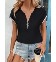 Kadın Kısa Kollu önden Fermuarlı Kol Ucu ışıltılı Viskon Bluz (Siyah)