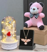 Anka Kuşu Kolye, Peluş Anahtarlık ve Led Işıklı Fanus Premium Hediye Seti (Model 3)