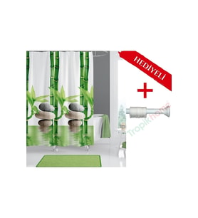 Bamboo Banyo Perdesi Askı Hediyeli 180x200cm Tek Kanat Duş Perdesi, Yeşil Banyo Duş Perdesi