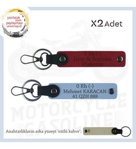 Biker Stiline Özel, İsim Plaka ve 0- Kan Grubu Yazılı Anlamlı Motor x2 Anahtarlık, Kırmızı-Mavi-SK (Çok Renkli)