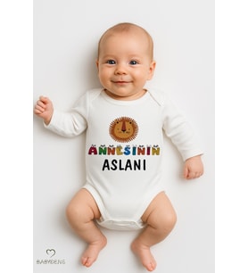 Annesinin Aslanı Baskılı Unisex Uzun Kollu Çıtçıtlı Bebek Body %100 Pamuk, Rahat Zıbın (0-24 Ay) (Beyaz)