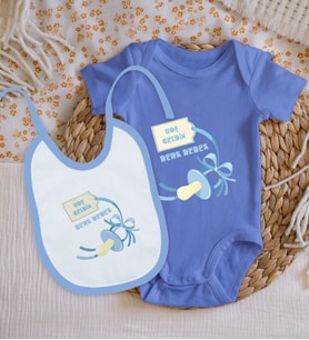 BK Kids Kişiye Özel İsimli Mavi %100 Pamuklu Kısa Kol Bebek Body Zıbın ve Mama Önlüğü Hediye Seti-9