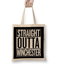 Straight Outta Winchester Supernatural White Bez Çanta Uzun Saplı