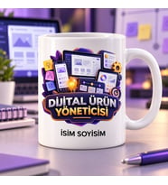 Dijital Ürün Yöneticisi Kupa Bardak Ekran ve Fikir Simgeli Tasarım