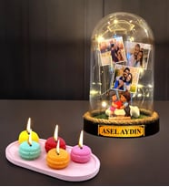 Kişiye Özel Hediye Seti  Led Işıklı İsimli ve 3 Fotoğraflı Fanus & Makaron Kokulu Mum (Model 10)