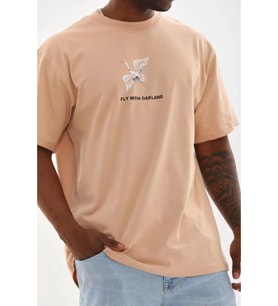 Unisex Baskılı Oversize T-Shirt - Bej