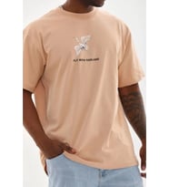Unisex Baskılı Oversize T-Shirt - Bej