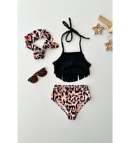 Miniğimin Cicileri (2-8 Yaş) Leopar Baskılı Püsküllü Kız Çocuk Mayo Bikini Takım - Siyah