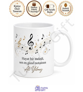 Nota Temalı Baskılı Kupa Bardak Müzik Severlere Özel Tasarım Hediye