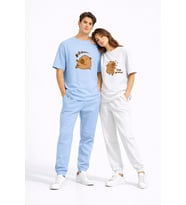 Sevgili Kombini Sevimli Ayı Baskılı Çift Tişört Oversize Unisex Partner Tişört 2'li Set (Mavi)