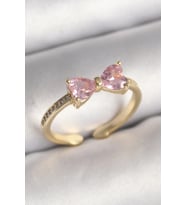 Pirinç Gold Renk Pembe Zirkon Taşlı Kalp Fiyonk Model Kadın Yüzük 5886