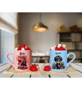Harry Potter Tasarımlı Pembe & Mavi Ahşap Tabaklı Kişiye Özel Türk Kahvesi Fincanı Seti