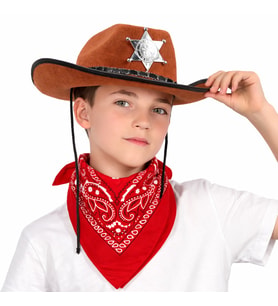 Çocuk Kovboy Şapka Rozetli Kahverengi &amp; Kırmızı Bandana Fular Seti