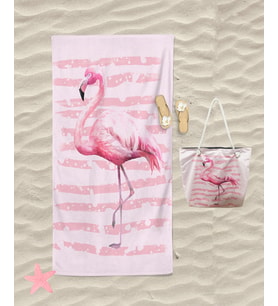 Flamingo Desenli Plaj Havlusu Ve Plaj Çantası Set Banyo Havlusu Dijital Baskılı Havlu (Pudra Pembe)