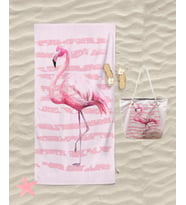 Flamingo Desenli Plaj Havlusu Ve Plaj Çantası Set Banyo Havlusu Dijital Baskılı Havlu (Pudra Pembe)