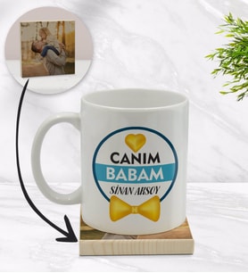 BK Gift Kişiye Özel Canım Babam Tasarımlı Beyaz Kupa Bardak ve Ahşap Bardak Altlığı Hediye Seti - Model 1