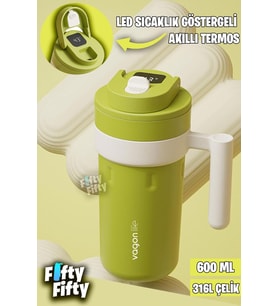 Vagonlife 600 ML LED Sıcaklık Göstergeli Akıllı Çelik Termos Kulplu -Kahve Bardağı-Mug-FFVGN2009 (Yeşil)