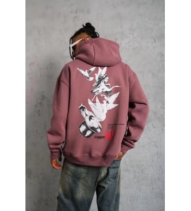 Erkek 3 İplik Pamuklu Kapüşonlu Baskılı Cepli Oversize Sweatshirt Hoodie - Gül Kurusu