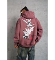Erkek 3 İplik Pamuklu Kapüşonlu Baskılı Cepli Oversize Sweatshirt Hoodie - Gül Kurusu