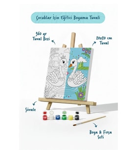 Sevimli Kuğular Temalı Çocuk Boyama Tuvali – Şövaleli Eğitici Boyama Seti 20x20 cm