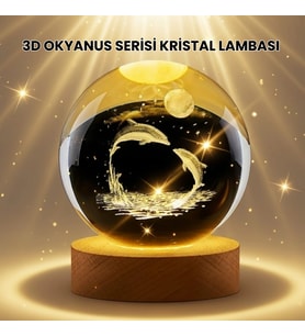 Lazer İşlemeli Yunus Kristal Küre Sıcak Işıklı Ahşap Standlı