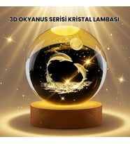 Lazer İşlemeli Yunus Kristal Küre Sıcak Işıklı Ahşap Standlı