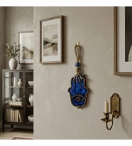 Nazar Boncuklu Fatıma Ana Eli Ahşap Desenli Hediyelik Duvar Süsü, 24 cm Hamsa (Mavi)