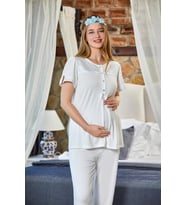 Cossy By Aqua 23171 Mavi Puantiyeli Hamile Lohusa Pijama Tk (Ekru)