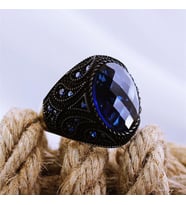 Lacivert Safir Kristal Kesim Mikro Taşlı Özel Seri Erkek Gümüş Yüzük