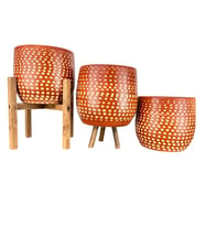 Bitki Tasarımı Beyaz Nokta Desenli Toprak Saksı Saksılık Salon Çiçeklik Üçlü Set - 19 CM