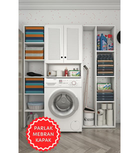 Kenzlife membran çamaşır makinesi dolabı sinemmega byzbyz panjur 180*156*30 mebran kapak suntalam gövde kapaklı arkalıklı raflı (Beyaz-Gri)