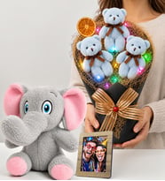 Kişiye Özel Fotoğraflı Sevimli Peluş Fil ve Renkli Led Işıklı Büyük Boy Mavi Ayıcık Buketi