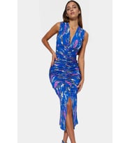Şık Bodycon V Yaka Örme Midi Elbise Polyester Elastan Kumaştan Gündüz Ve Gece Rahat Kullanım (Lacivert)
