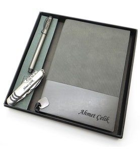 Signator® Codex  N150 Kişiye Özel Defterli Set - İsme Özel Gri Kalem + İsme Özel Gri Defter + İsme Özel Çakı  İsme Özel Kutusunda Hediyelik Set (Karışık)