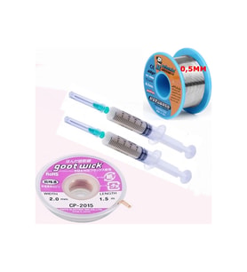 Dörtlü Set Flux,lehim Emme Tel 2,0mm Ve Lehim Teli Soldering 63sn/37pb Flux %1-3 40gr 0,5mm