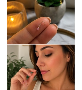 925 Ayar Gümüş Pembe Taşlı Sarı Burun Hızması L Tipi Minimal Unisex Nose Stud Piercing