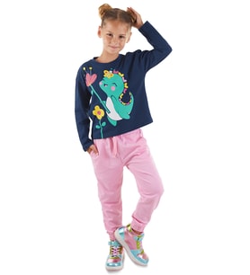 Tatlı Dino Kız Çocuk T-shirt Pantolon Takım (Pembe)