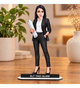 Kişiye Özel Kadin Mimar Siyah Takim Karikatürlü 18 cm MDF Masaüstü Biblo - Kadin Mimar Siyah Takim Hediyesi Mühendise ve Teknik Meslek Sahibine Hediye
