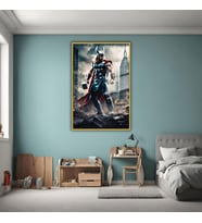 Metal Çerçeveli Cam Tablo Film Karakteri Thor ve Çekiç Görseli (Gold)