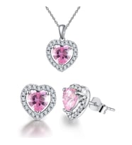 Yantra Silver 925 Ayar Gümüş Kalpli Zirkon Taşlı Kolye ve Küpe Seti (Pembe)