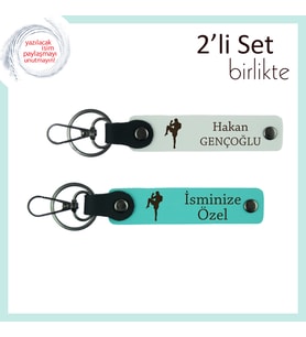 Erkek Kardeşe Dövüş Ruhunu Temsil Eden Hediye, Kişiye Özel İsimli Deri Anahtarlık Set, Beyaz-Turkuaz