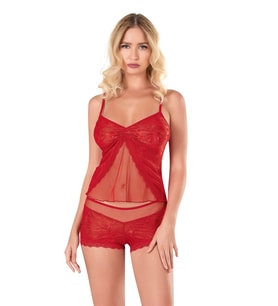 pilelistore   Kırmızı Jakarlı Babydoll Şort Takımı