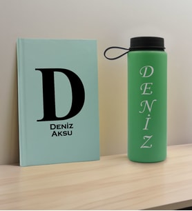 BK Gift Kişiye Özel İsimli Su Yeşili Defter ve Yeşil Cam Matara Hediye Seti-5, Sevgiliye Hediye, Arkadaşa Hediye, Yeni İş Hediyesi